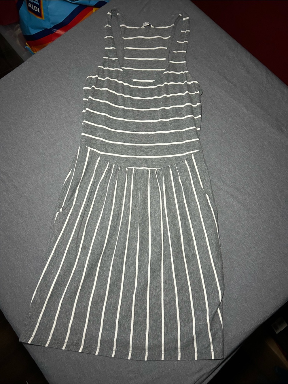 I Love H81 Gray and White Striped Sleeveless Mini Dress with pockets